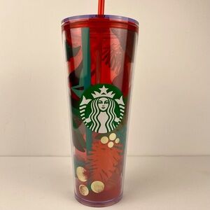 Starbucks Holiday Tumbler 2019, Red Venti Holly Pinecones, Cold Drink Cup Straw